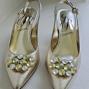 J.Renee Metallic Gold Slingback Heels with Gem Accents
